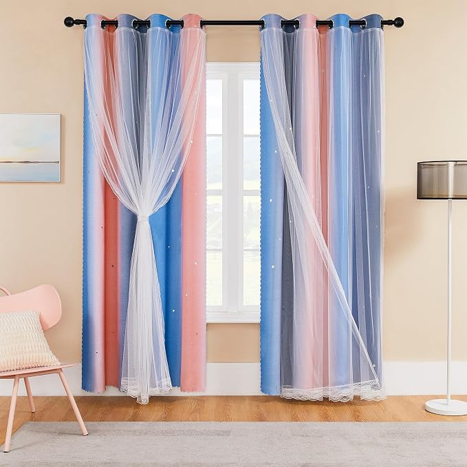 XiDi Blackout Curtains for Girls Bedroom Decor 2 Panels Set, Rainbow Star Design Ideal Drapes for Kids Room with Unicorn Theme Princess Room Decor 54 Inches Length Pink/Grey/Blue 34x54