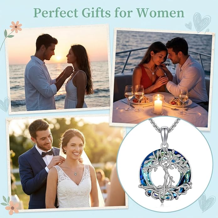 Tree of Life Necklace 18K White Gold Plated Tree of Life Abalone Shell/Crystal Pendant Necklace Family Tree Jewelry Gifts for Women Mothers Day Gifts