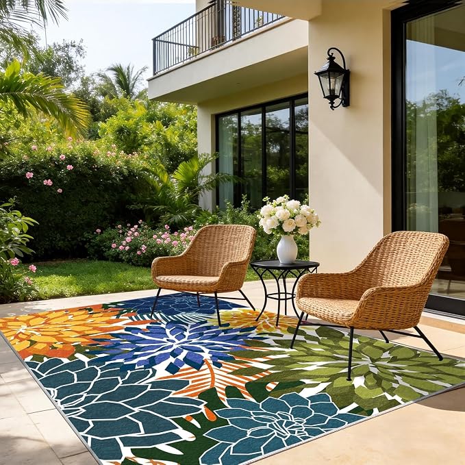 ZonLi Colorful Outdoor Rug 6x9Ft Waterproof Multicolored Indoor Area Rug Washable Outdoor Patio Rugs Tropical Floral Non Slip Outdoor Carpet for Living Room, Pool,Backyard,Deck,Camping