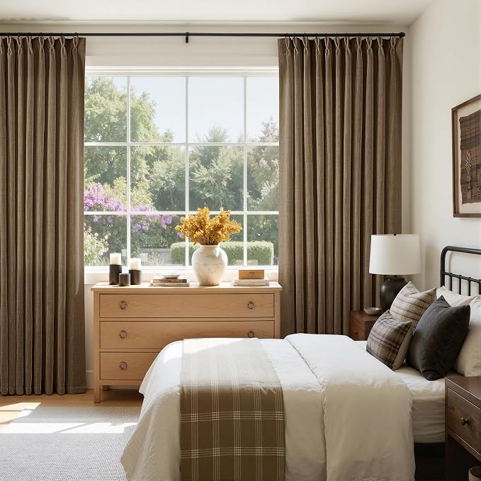 Extra Wide 108 Inch Long Curtains 70 Inch Wide Pinch Pleat Linen Curtains for Living Room Bedroom Light Filtering Privacy Pleated Drapes Hooks Rings Back Tab for Sliding Door Dutch Cocoa 1 Panel