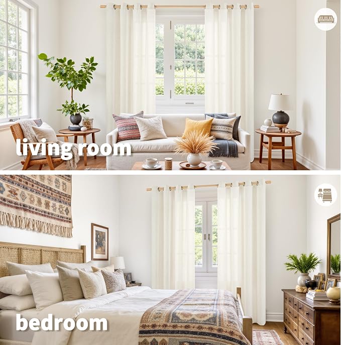 YoungsTex Ivory Linen Curtains 80 Inch Length for Living Room Window, Light Filtering Drapes Rustic Semi Sheer with Bronze Grommet Privacy for Bedroom Farmhouse Decorative, 52 x 80 Inch, 2 Panels