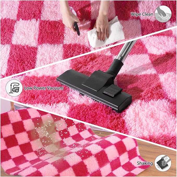Pionblank Checkered Rug for Living Room, Modern Soft Shag 6x9 Area Rugs, Plush Fuzzy Carpet for Bedroom Girls Boys Room Home Nursery Teens Dorm Decor, Hot Pink