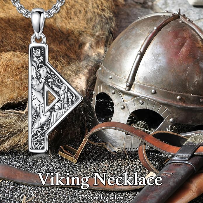 Viking Necklace 925 Sterling Silver Viking Rune Letter Pendant Norse Jewelry Gifts for Men Father