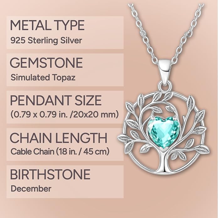 ADITA GOLD Tree of Life Necklace for Women, 925 Sterling Silver Birthstone Pendant, Simulated Gemstone, Jewelry