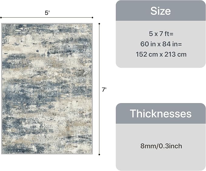 GENIMO Area Rug 5x7 Washable Abstract Modern Rug Non Slip, Low Pile Lightweight Soft Carpet for Living Room, Bedroom, Dining Room, Navy Blue