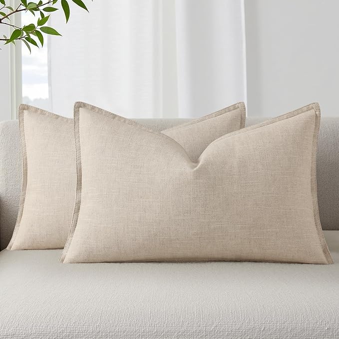 decorUhome Fall Beige Linen Throw Pillow Covers 12x20 Set of 2 | Decorative Soft Cozy Modern Farmhouse Boho Accent Pillow Cases with Flange Edges for Couch Bed Sofa Living Room Home Decor