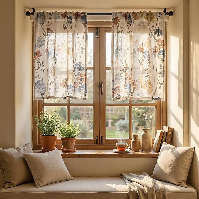 MYSKY HOME Floral Linen Kitchen Tier Curtains 24 Inch Length 2 Panels Farmhouse Semi Sheer Privacy Small Window Treatments Rod Pocket for Bathroom Basement, Yellow, 30 inch Wide