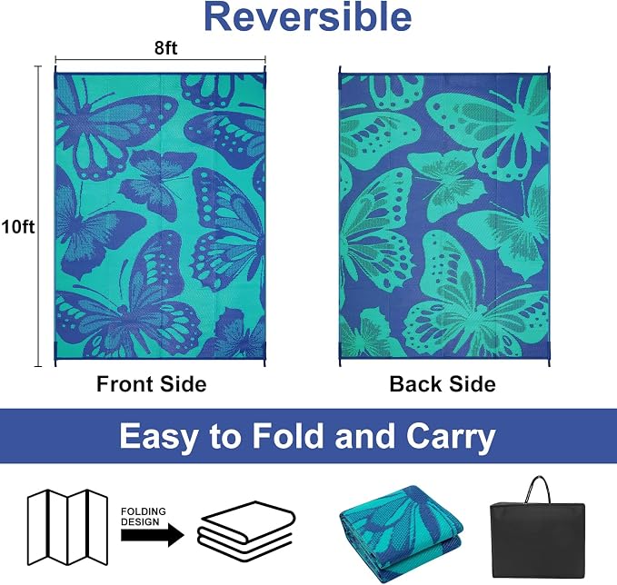Anidaroel Butterfly Patio Rugs Outdoor 8X10 Waterproof, Reversible Plastic Straw Outside Area Rug, RV Outdoor Mat for Under Awning, Pool Deck, Picnic, Porch (Purple&Green,8‘X10')