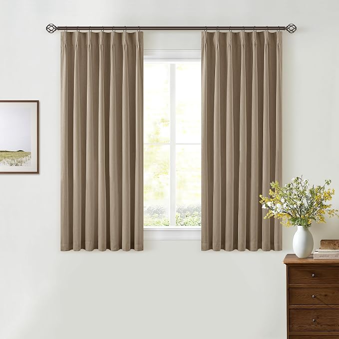 Light Brown Pinch Pleat 100% Blackout Linen Curtains 2 Layers 45 Inch Long | Memory Trained, Thermal Insulated, UV Blocking, Noise Reducing, Room Darkening, Black Out Short Curtains for Kitchen 2 Panels