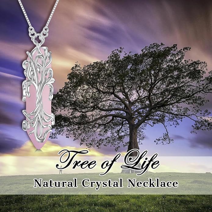 Healing Crystal Necklace 925 Sterling Silver Sunflower/Tree of Life Wrapped Pendant Reiki Energy Jewelry for Women