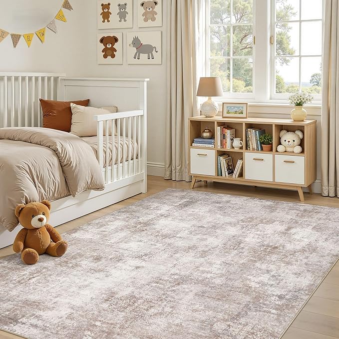 7x9 Area Rug, Non Slip Low Pile Washable Large Rug for Living Room | Soft Modern Abstract Carpet, Stain Resistant Kid & Pet Friendly, Made for Dining Room, Nursery, Home Office Indoor - Brown