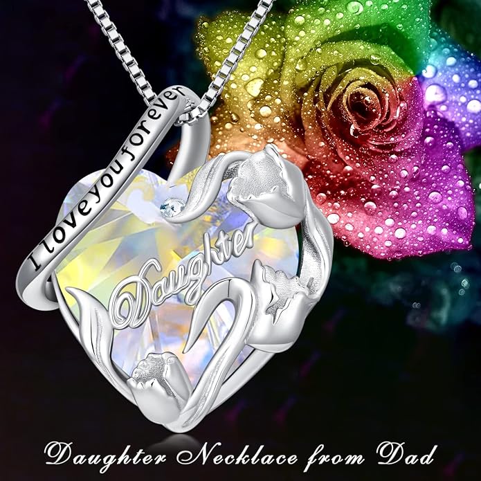 PROESS S925 Sterling Silver Daughter Heart Pendant Necklace from Dad Mom I Love You Forever Jewelry