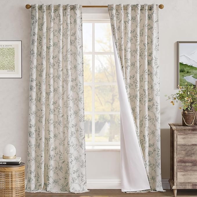 jinchan Grey Floral Linen Curtains Lined 96 Inch Vintage Back Tab 2 Panels | Privacy lining, light filtering drapes, cottagecore, french country, farmhouse, bedroom, living room, window treatment