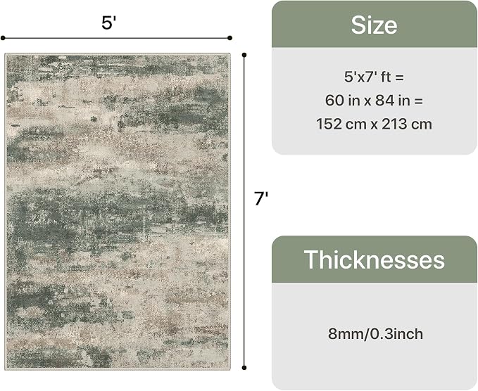 GENIMO Area Rug 5x7 Washable Abstract Modern Rug Non Slip, Throw Rugs Neutral Low Pile Lightweight Soft Large Carpet for Living Room, Bedroom, Dining Room, Sage Green Sand