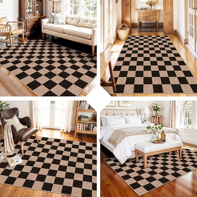 4x6 Jute Area Rug Washable: Non-Slip Indoor Floor Mat for Entryway Kitchen | Plaid Rugs for Living Room Dining Room Bedroom - Thin Low Pile Braided Woven Carpet Durable Farmhouse Style Decor (Black,4x6)