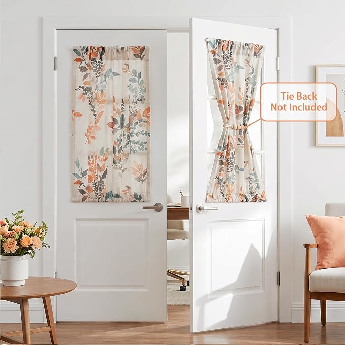 MYSKY HOME Floral Linen French Door Curtains 40 inch Long 2 Panels for Front Door Light Filtering Privacy Semi Sheer Window Curtains with Rod Pocket, Burnt Orange, 24" W Each Panel
