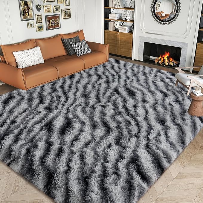 Dssimo Zebra Rug 9x12 for Living Room，Fluffy Large Area Rugs for Bedroom | Shaggy Fuzzy Upgrade Non-Slip Zebra Print Rug for Nursery Kids Room Dorm Room Home Decor, Indoor Plush Floor Carpet