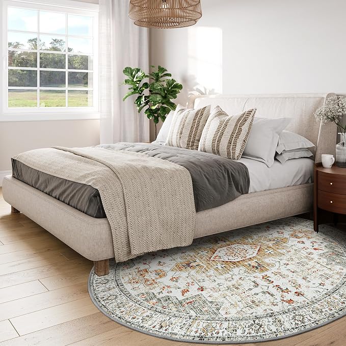 Moynesa Ultra-Thin Washable Round Rug - 6ft Large Living Room Circle Area Rugs, Vintage Dining Room Mat Stain Resistant Nursery Carpet for Bedroom Mudroom Kitchen Apartment Home Office