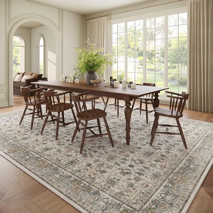 Boho Washable 10x14 Area Rugs for Living Room, Cushioned, Cream/Blue | Vintage Non-slip Neutral Oriental Rugs for Bedroom Dining Room Nursery Office High Traffic Area