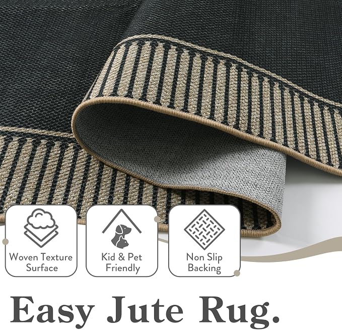 Moynesa Washable Black Striped Border Easy Jute Runner Rugs 2x6, Entryway Rug Runners for Kitchen, Farmhouse Indoor Outdoor Non Slip Carpet for Hallways Bathroom Bedroom Laundry