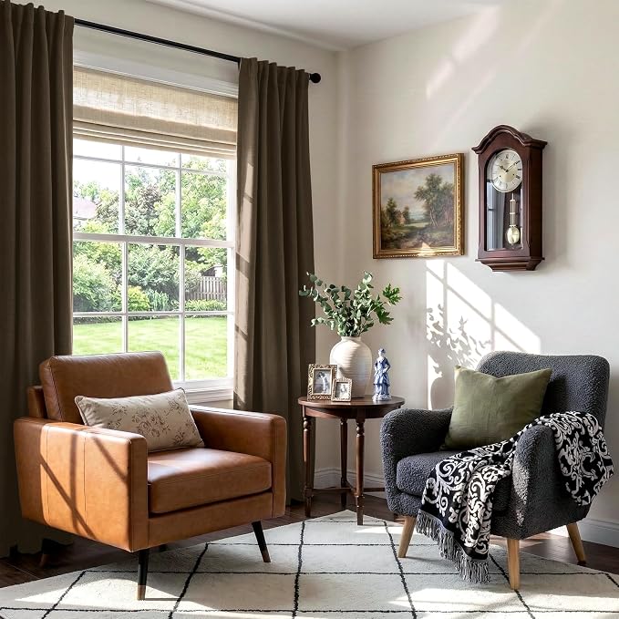 100% Blackout Shield Dark Brown Linen Blackout Curtains for Bedroom 102 Inches Long, Back Tab/Rod Pocket Living Room Drapes, Thermal Insulated Blackout Curtains 2 Panels Set, 50" W x 102" L