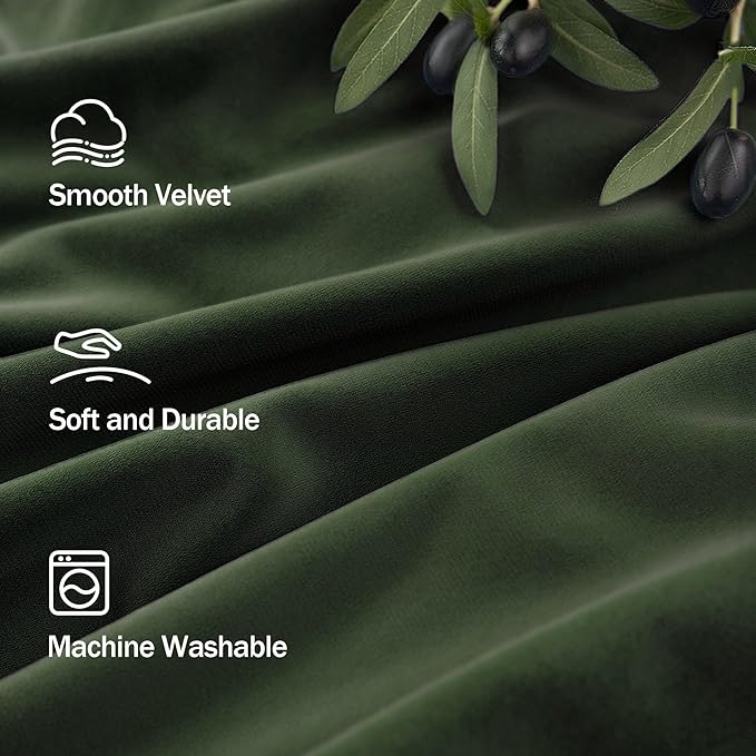 Olive Green Velvet Back Tab Curtains 90 Inches Long 2 Panel for Living Dining Room Rustic Neutral Cottagecore Elegant Heavy Drape Decorative Moss Green Curtain for Bedroom Movie Theater French Country