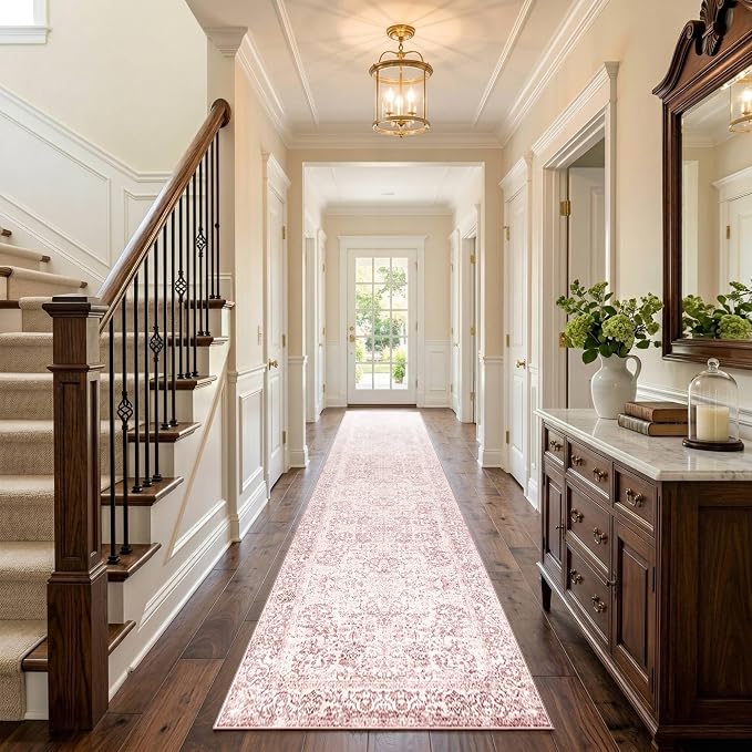 Rugxara 2x10 Washable Runner Rug, Non Slip Boho Runner Rugs for Hallway, Kitchen, Entrance, Bathroom, Laundry Room, Soft Ultra-Thin Entryway Carpet, Throw Low Pile Retro Imitation Carpet, Pink
