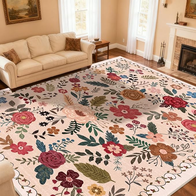 Extra Large 10x14 Area Rug for Living Room, Washable Rugs for Dining Room, Bedroom, Non Slip Stain Resistant Carpet, Low Pile Vintage Floral Rug (Beige Red)
