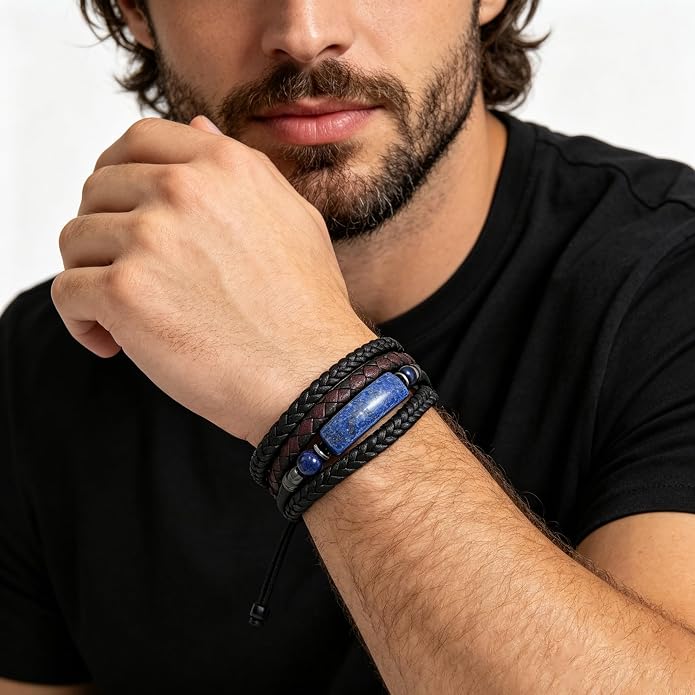 Mens Turquoise/Lapis Lazuli/Tiger Eye/Black Agate/Obsidian Leather Braided Bracelets for Father's Day/Birthdays/Graduation Jewelry Wristband Cuff Bracelet with Stainless Steel Clasp