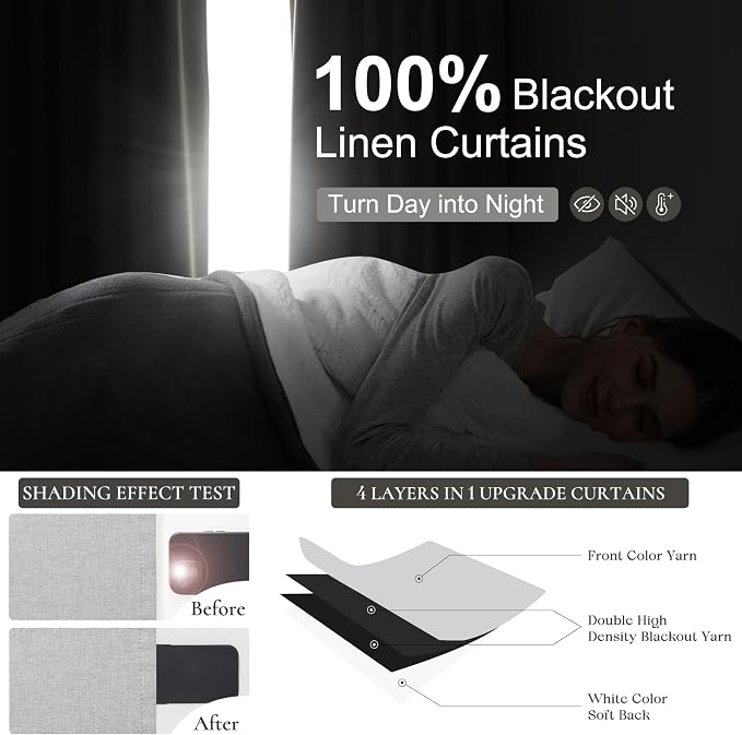 Light Grey Blackout Curtains 92 Inch Length 2 Panels Set for Bedroom, Modern Faux Linen Room Darkening Pleated Gray Burg with Rod Pocket Back Tab Insulated Curtain for Office Sunroom (50"Wx92"Lx2 )