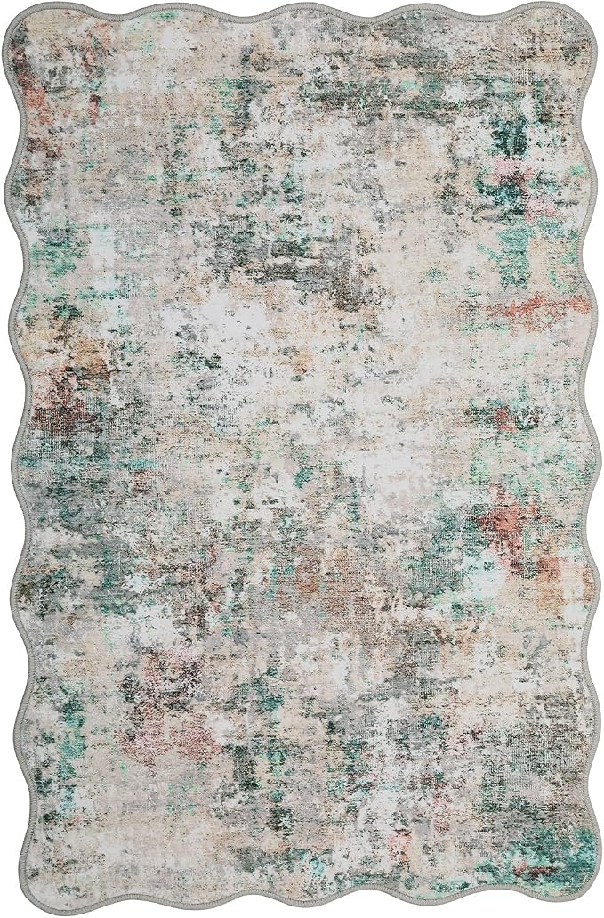 ROYHOME Modern Abstract 2x3 Scalloped Area Rug Non Slip Non Shedding Low Pile Stain Resistant Rug for Entryway Kitchen Bedroom,Colorful