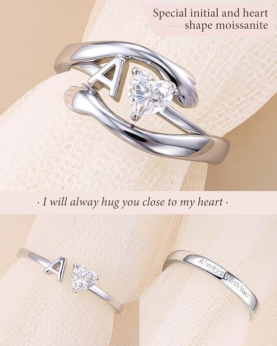 2-in-1 Hug Letter Ring for Women Sterling Silver Moissanite Heart Ring with Personalized Initial with “Always With You” Message Gift for Mom Daughter Granddaughter Girlfriend