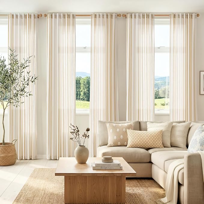 Vangao Striped Curtains Yellow on White Semi Sheer Curtains 84 Inches Long for Living Room Bedroom Modern Farmhouse Linen Textured Light Filtering Drapes 2 Panels Mustard Yellow W50 x L84 Inch