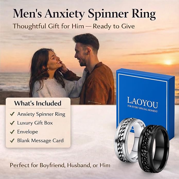 LAOYOU Fidget Anxiety Ring for Men | 8mm Spinner Band for Calming, Worry, Stress Relief & Mindfulness | Hypoallergenic Stainless Steel Comfort Fit Non Tarnish