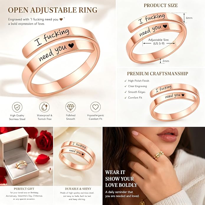 I Fcking Love You Ring, Stainless Steel Engraved Inspirational Words Heart Open Adults Women Vintage Promise Rings Lover Wife Jewelry