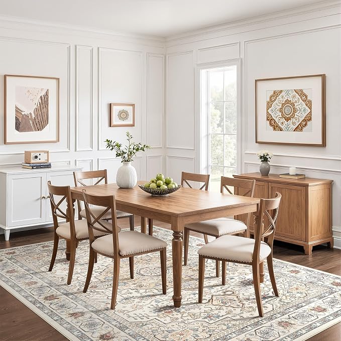 7x10 Area Rug Living Room: Washable Boho Large Neutral Vintage Soft Rugs Stain Resistant Farmhouse Non-Slip Indoor Floor Carpet for Bedroom Nursery Kids Playroom Office Dining Room- Cream Blue