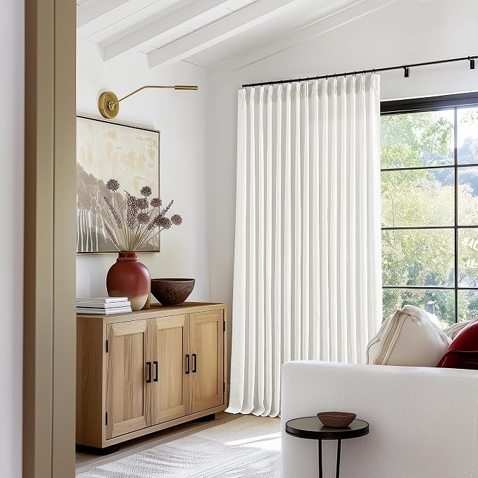 Beige White Pinch Pleated Extra Wide Curtain Panels 108 Inches Long 100 Inch Wide Linen Curtain for Sliding Glass Door Semi Sheer Hooks Rings Privacy 108 Inch Length Drape for Living Room 1 Panel