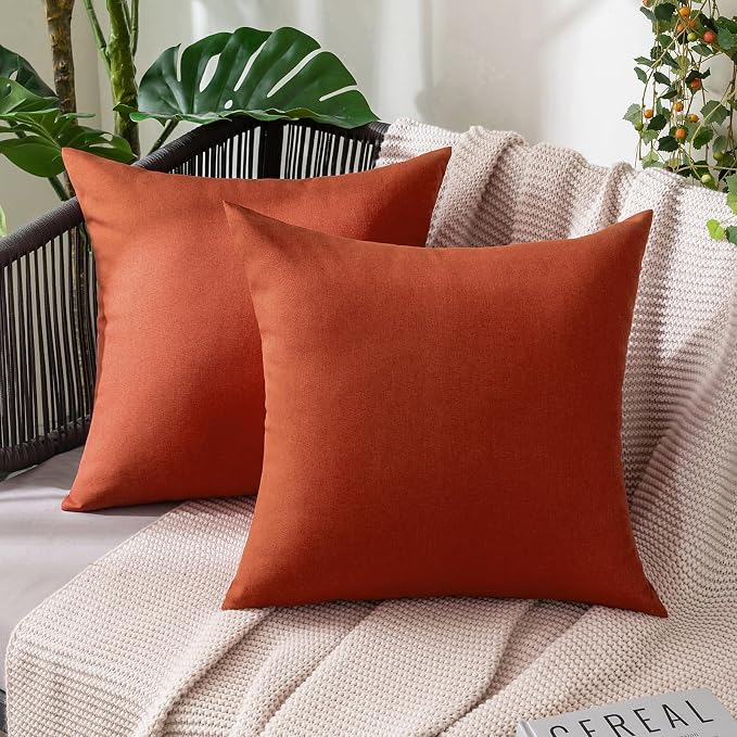 MIULEE Pack of 2 Decorative Outdoor Solid Waterproof Throw Pillow Covers Euro Sham Faux Linen Garden Farmhouse Cushion Cases for Summer Patio Tent Balcony Couch Sofa 26x26 Inch Burnt Orange