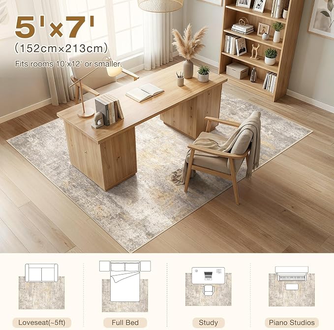 cotiled 5x7 Area Rugs Abstract Soft Non Slip Washable Living Room Rug | Stain Resistant, Robot Vacuum & Pet Friendly, Low-pile, For Living Room, Bedroom, Dining Table, Nursery Gold/Grey/Brown