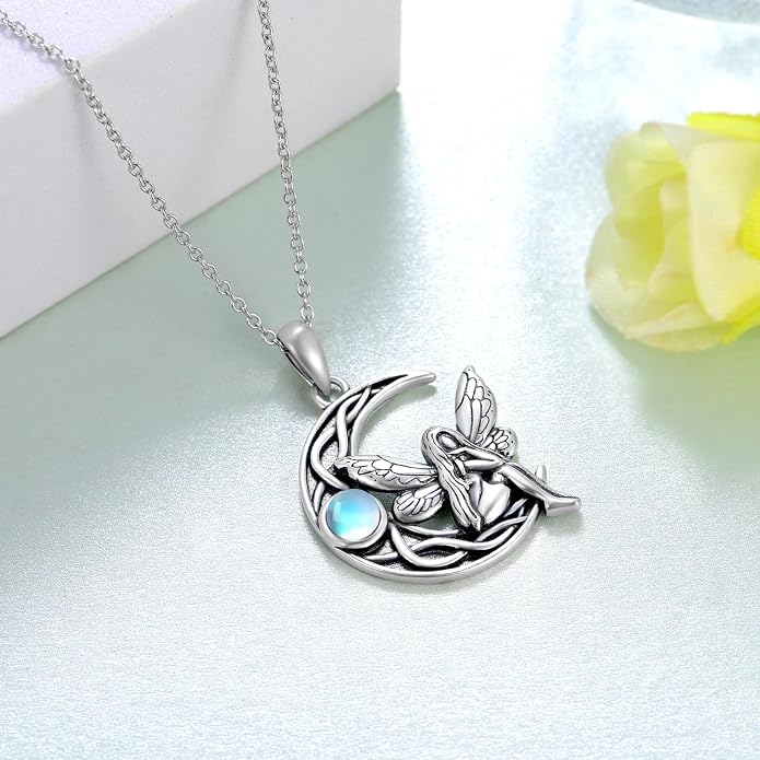Dragon/Fairy Necklace 925 Sterling Silver Moonstone Crescent Moon Necklace Birthday Gifts for Women