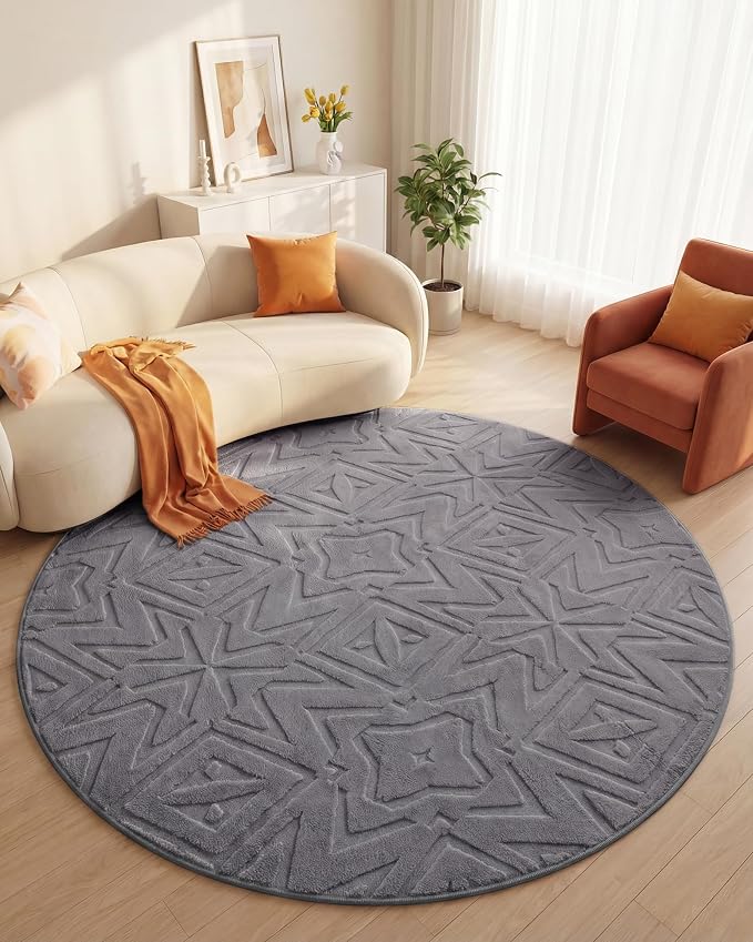 Carvapet 5.2' Round Rug Washable High Low Pile Area Rug Soft Plush Grey Carpet for Living Room Bedroom Non Slip Indoor Floor Rug for Home Kids Nursery Decor
