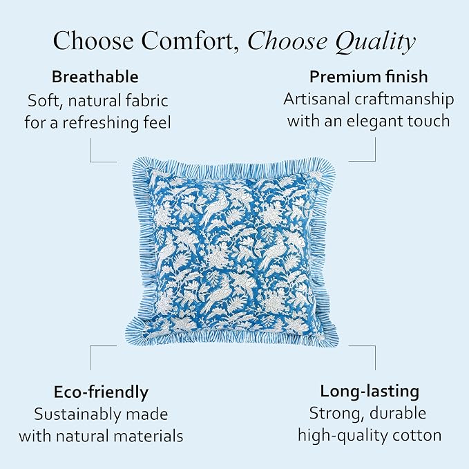 CPC Block Print Ruffle Throw Cover Blue Sapphire 24"x24" Inch Pack of 2-100% Cotton Ruffle Couch Decorative Boho Pillows Case for Living Room, Bedroom, Sofa, Farmhouse Gift for Spring, Mother's Day
