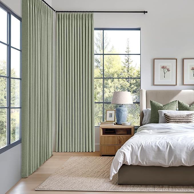 MIULEE Sage Green Pinch Pleated 100% Blackout Linen Curtains for Bedroom, Room Darkening Memory Trained Light Blocking Window Curtains 84 inches Long for Living Room, Black Out Pleat Drapes, 2 Panels
