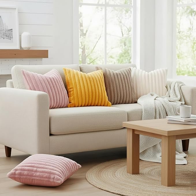 decorUhome Fall Faux Fur Throw Pillow Covers 16x16 Set of 2 Cream White | Decorative Soft Cozy Striped Plush Modern Farmhouse Boho Couch Pillow Cases Velvet Back for Sofa Bed Living Room Home Decor