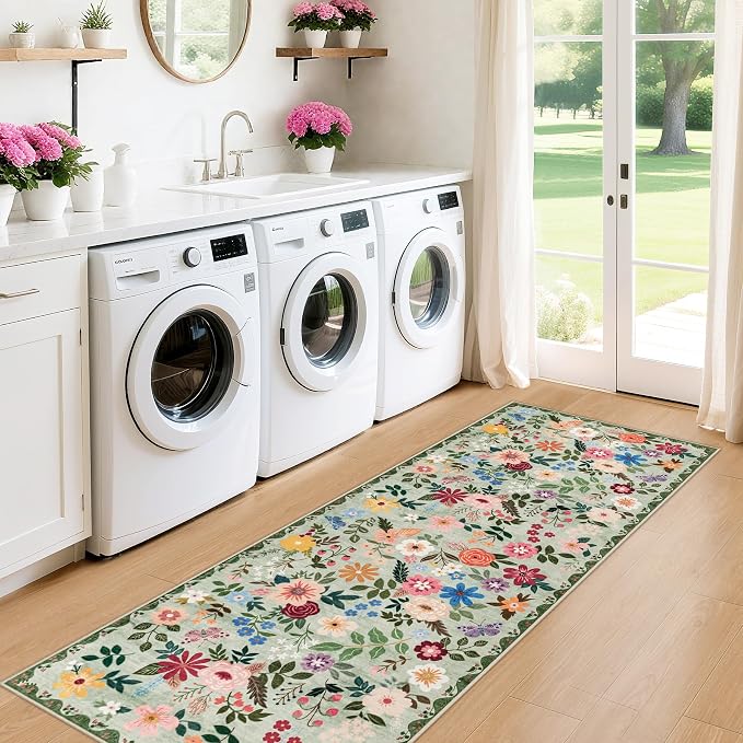 Runner Rug for Entryway: 2x5 Kitchen Rugs Non Slip Washable Ultra-Thin Soft Floral Carpet Indoor Floor Stain Resistant Carpets for Hallway Bedroom Kitchen Laundry Bathroom Dorm Green