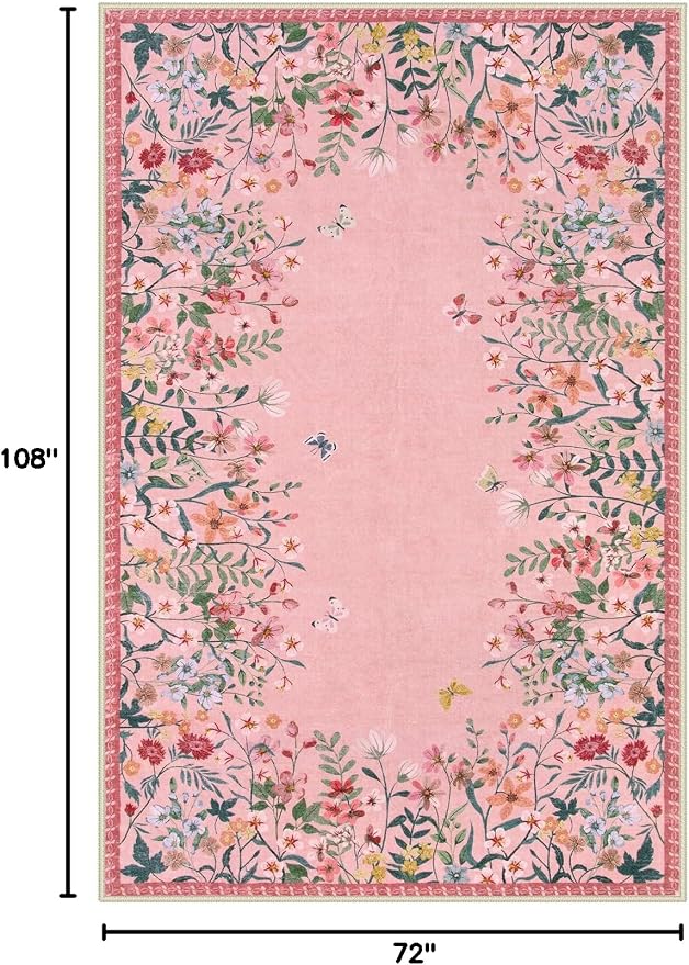 Wonnitar 6x9 Washable Area Rug, Pink Floral Rug for Girls Bedroom, Boho Botanical Nursery Rug, Non Slip Low Pile Living Room Carpet, Vintage Flower Dorm Decor (6x9 Pink)