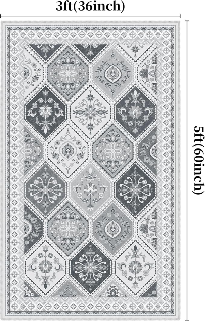 3x5 Washable Rug, Soft Non-Slip Boho Moroccan Rug, Low-Pile Printed Indoor Throw Rugs for Entryway, Kitchen, Bedroom Bedside, Entrance- Gray/White