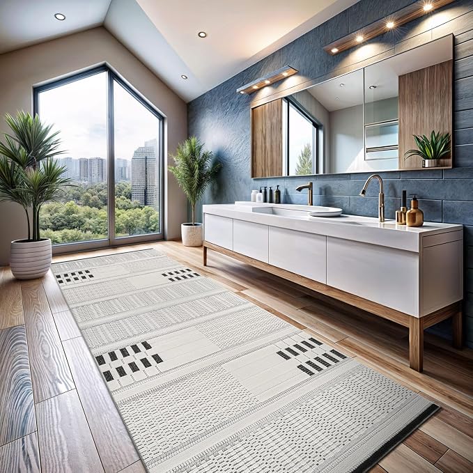 CAMILSON Modern Runner Rug 2x7 Luxury Geometric Pattern Micro Loop Hallway Rugs Soft High and Low Pile Stain Resistant Easy to Clean Non-Shedding Entryway Kitchen Indoor Area Carpet (White/Black)