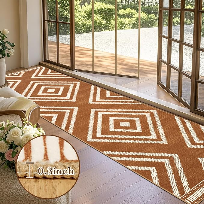 Boho Runner Rugs for Hallway 2.6x12ft Non Slip, Long Brown Washable Farmhouse Kitchen Rug Runners Non Shedding, Moroccan Floor Carpets for Doorway Entryway Living Room Home Decor