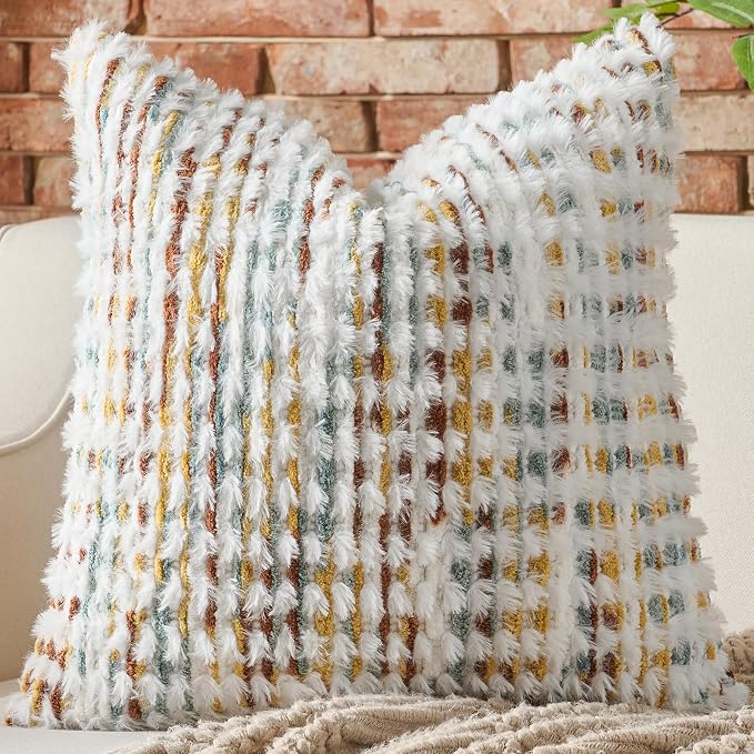 AmHoo Boho Chenille Pillow Cover Decorative Tufted Pillowcase for Couch Bed Sofa Bedroom Living Room Modern 18 x 18-Inch Brown White